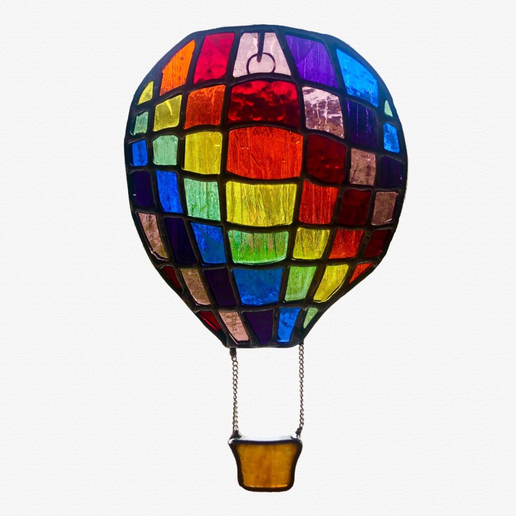 Rainbow hot air balloon stained glass sun catcher – Poppy Glass Studio